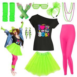 9259 80s Outfit Costume Accessoriess Set T Shirt Leggings Tutu